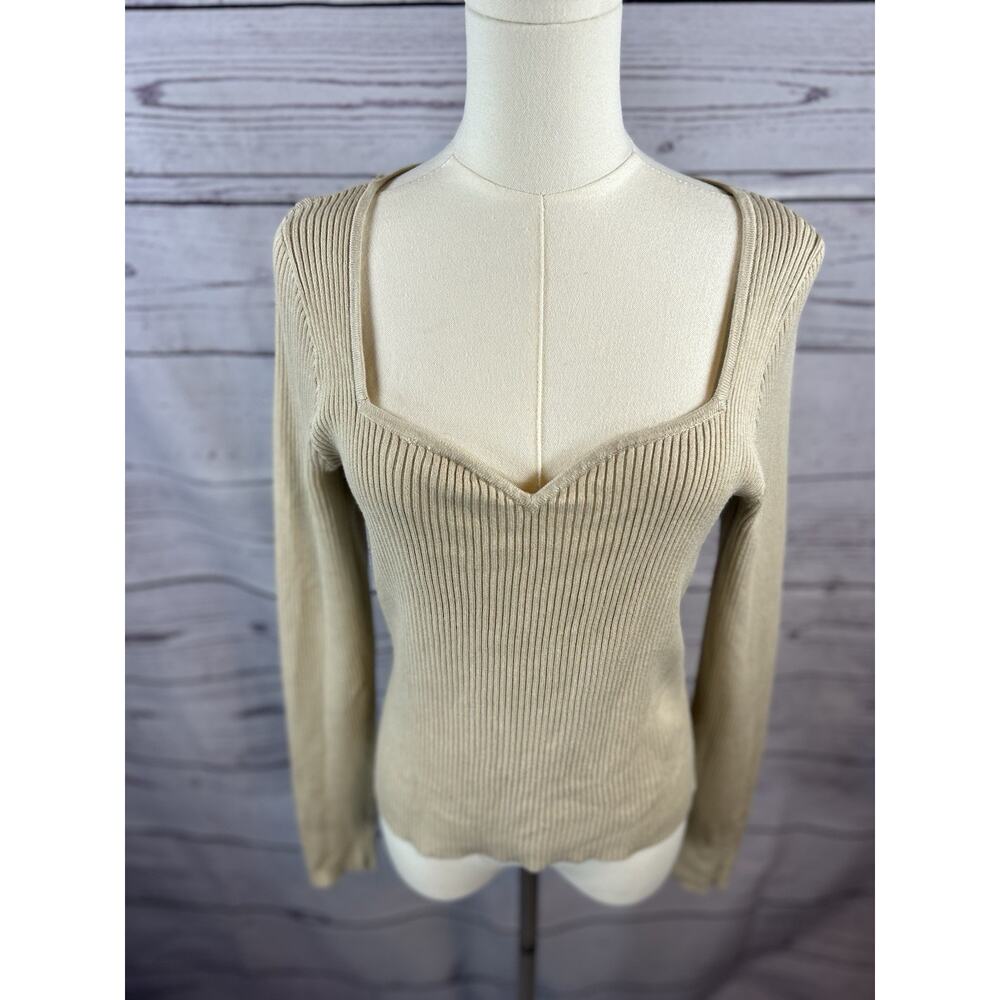 Abercrombie & Fitch Ribbed Knit Sweater L Beige Fitted Long Sleeve Soft Stretch - Picture 2 of 7